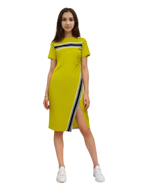 Designer Striped Elegance Cotton Lycra Round Neck Dress